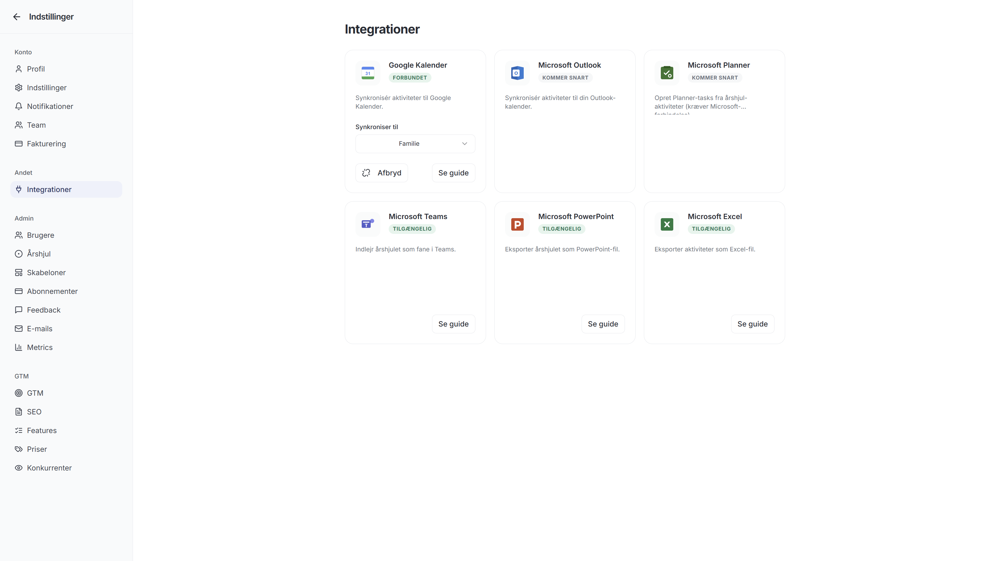 Indstillinger Integrationer med Google Kalender